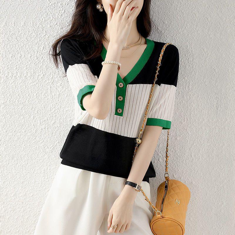 Summer V-neck Striped Patchwork Knitted Top Women Short Sleeve Loose Casual All-match Tee Ladies Buttons Pullovers T-shirt Femme