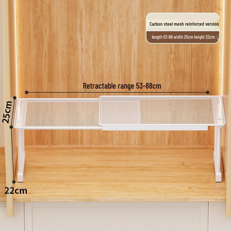 Punch-Free Retractable Kitchen Cabinet Organizer: Iron Art Grid Shelf & Stackable Wardrobe Partition.