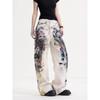JYL Women's Straight Jeans American Vintage Graffiti Punk Wasteland Dirty Denim Pants
