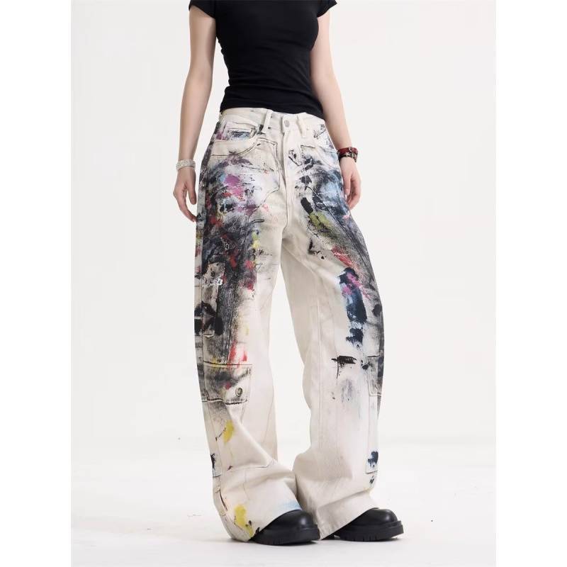 JYL Women's Straight Jeans American Vintage Graffiti Punk Wasteland Dirty Denim Pants