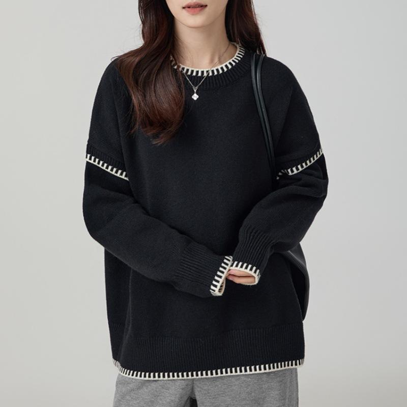 Crew Neck Knitted Pullover Sweater Women's Autumn and Winter New Contrasting Colors Simple and Versatile Loose Knitted Sweater Women