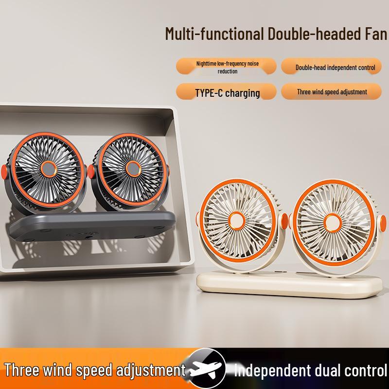 USB Rechargeable Dual-Head Desktop Fan for Home and Car, High Wind Power Air Circulator