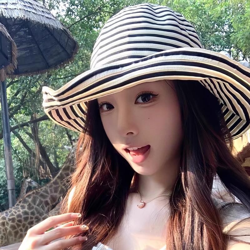 2026 Summer Versatile Foldable Color-Blocked Striped Wide-Brimmed Sun Hat For Beach Vacations And Sun Protection
