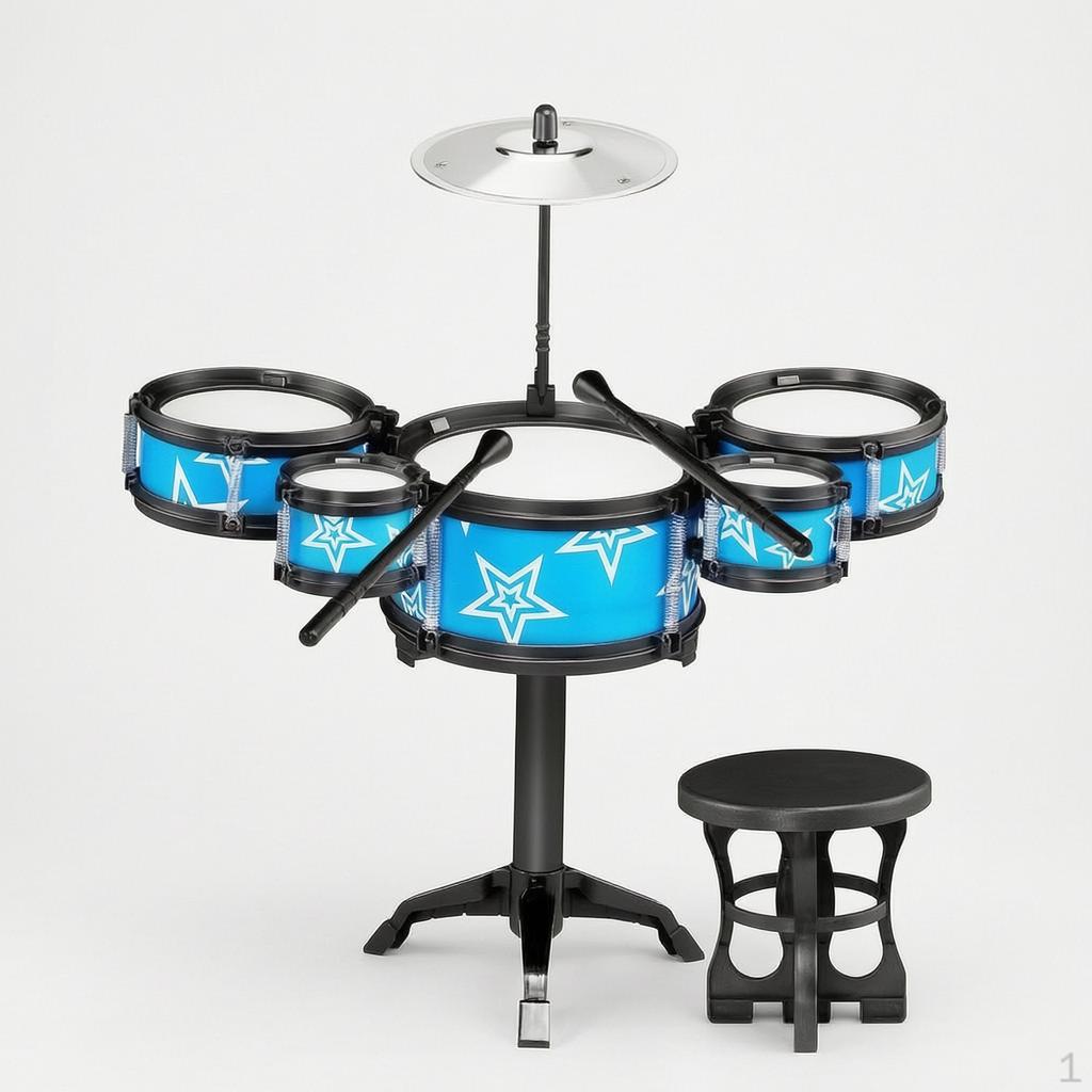 Kids' 5Piece Drum Set with Stool and Guitar, Educational Jazz Kit Toy for Toddlers