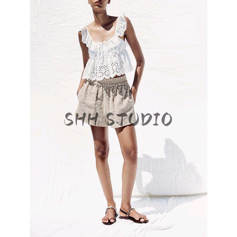 Cut Out Embroider Laminated Decoration Sleeveless Tops 3666099 High Waist A- line Casual Shorts 8073286