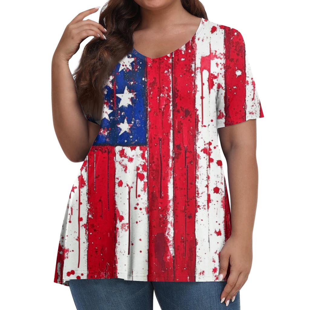 Women's Fashion Casual V-Neck Pullover Short Sleeve Large Size Independence Day Printed T-Shirt Top