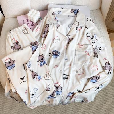 Cartoon Cute Happy Puppy Print Women's Pajamas Kawaii Sweet and Chic Pajamas New Autumn and Winter Milk Silk Pajamas