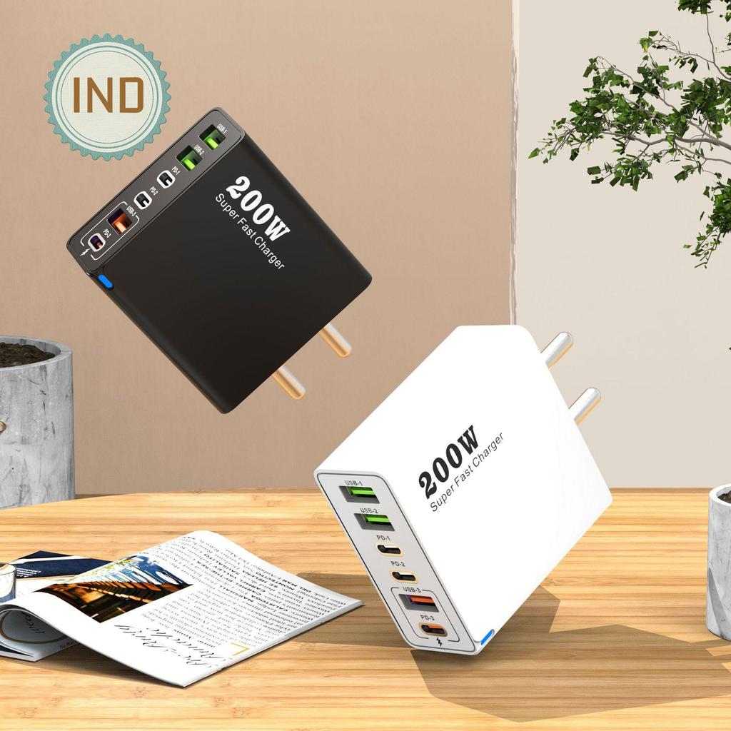 200W Multi-Port Charger - 3 USB & 3 PD Ports, Six-in-One Fast Charging for Phones (5V 2.4A), EU/US/UK Compatible