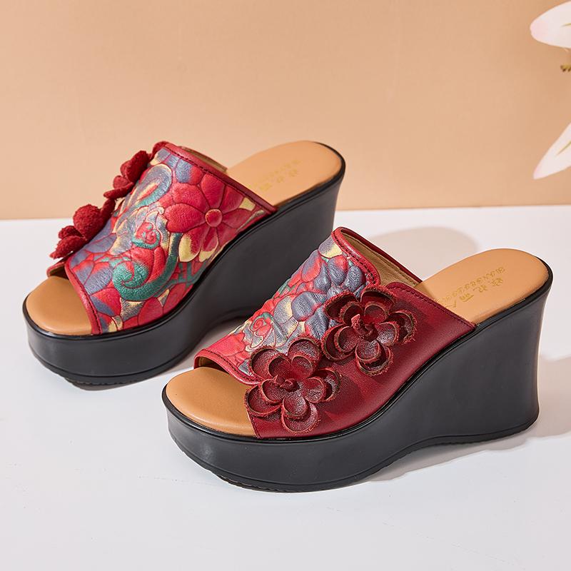Fashion GKTINOO 2025 Genuine Leather Women Slippers Flower High Heels Wedges Summer Shoes Platform Retro Handmade Women Leather Slipper