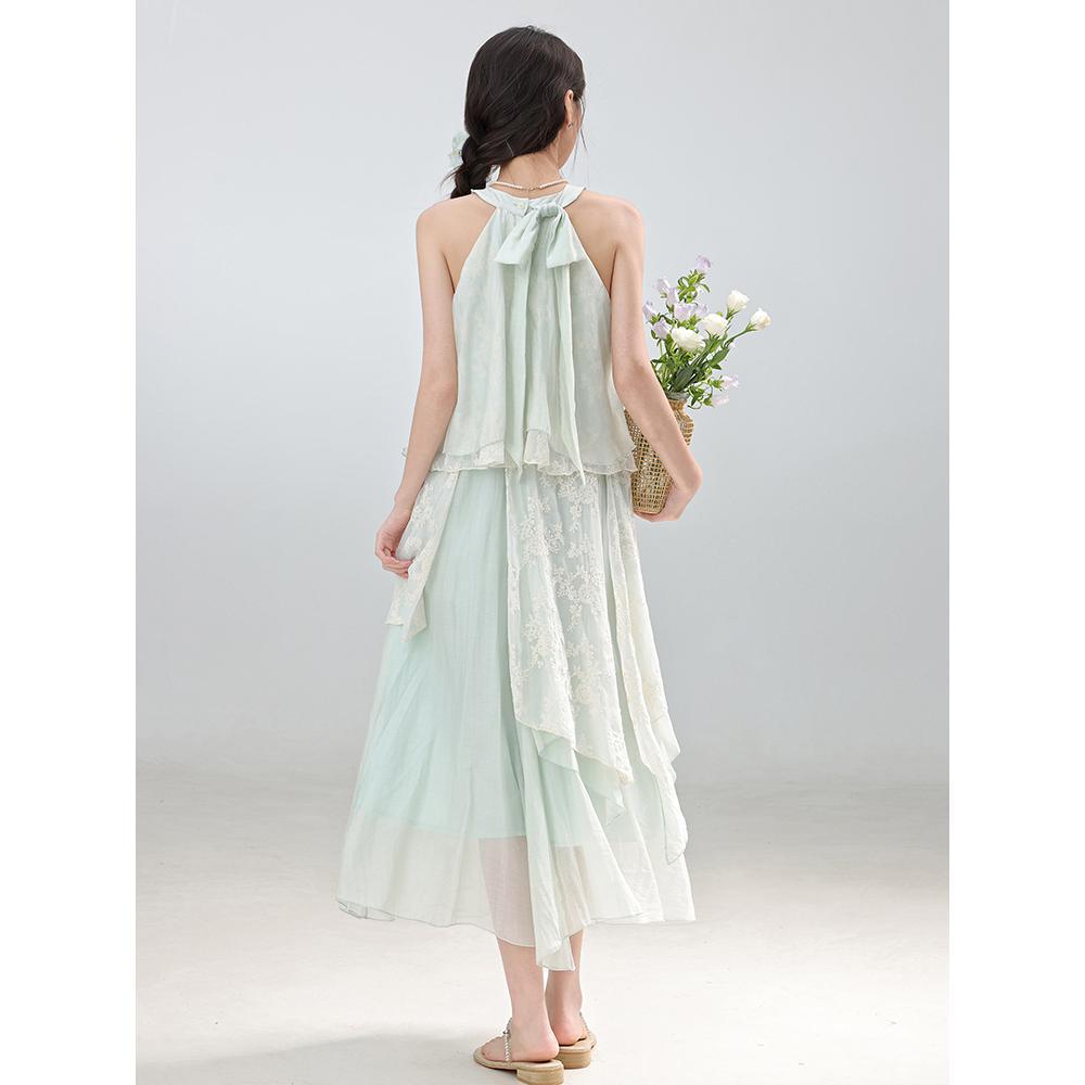 Super Fairy Vacation Wind Off-the-shoulder Neck Dress Summer Lace Splicing Irregular Lace Long Dress Women