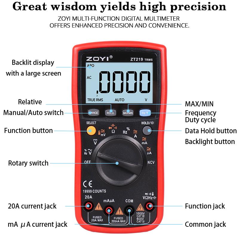 ZOYI Digital multimeter ZT-219 features four-digit semi-true RMS high-precision full-gear anti-burn multimeter 19999counts
