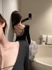 Women's Black Lace Splicing V-Neck Open-Back Long-Sleeve Top for Autumn/Winter