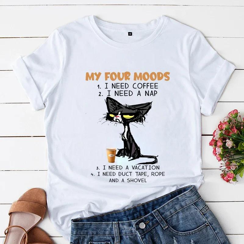 

My Four Moods Lazy Cat Anime Tops Short Sleeves Unisexs Tshirts Tops Cute Coffee Black Sleepy Cat Unisex Tops Y2k Short Sleeves S