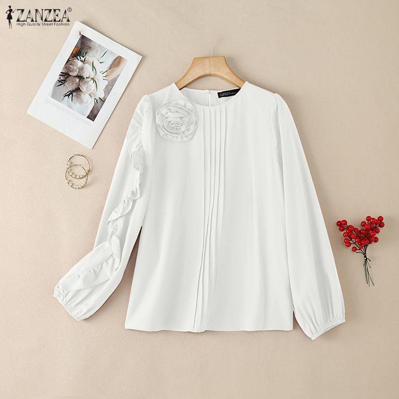 ZANZEA Women 3D Floral Splice Casual Round Neck Long Sleeve Blouse