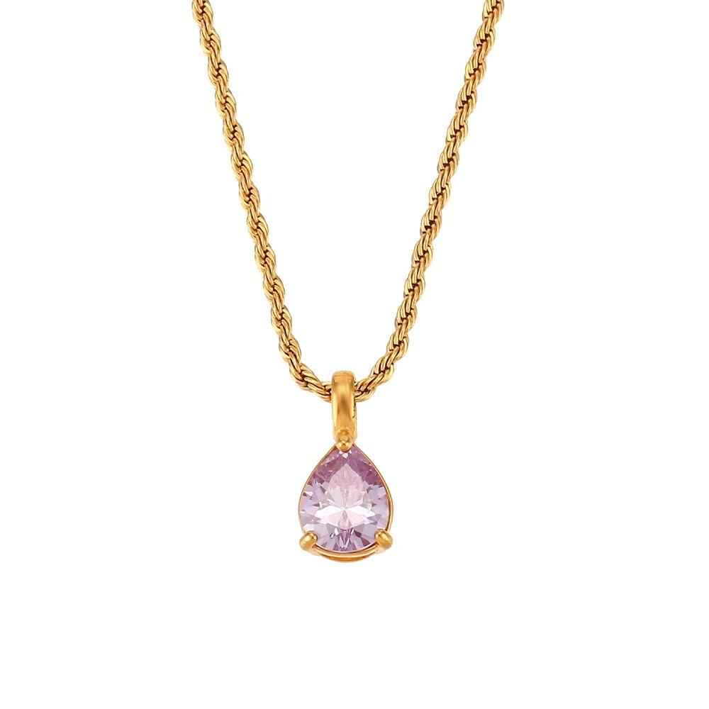 2022 Waterproof Fashion Birthstone Necklace Jewelry Gift For Women 12 Colors Zircon Waterdrop Pendant Necklace with Rope Chain