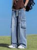 Vintage Washed Wide-leg Pants Men's Spring Teen American High Street Oversize Big Pocket Tooling Jeans