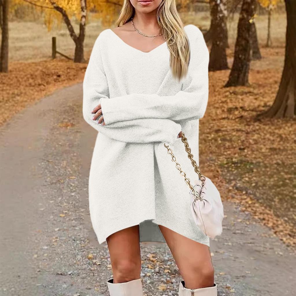 Women's Fashion Casual V-neck Long Sleeve Rib Knitted Sweater Dress