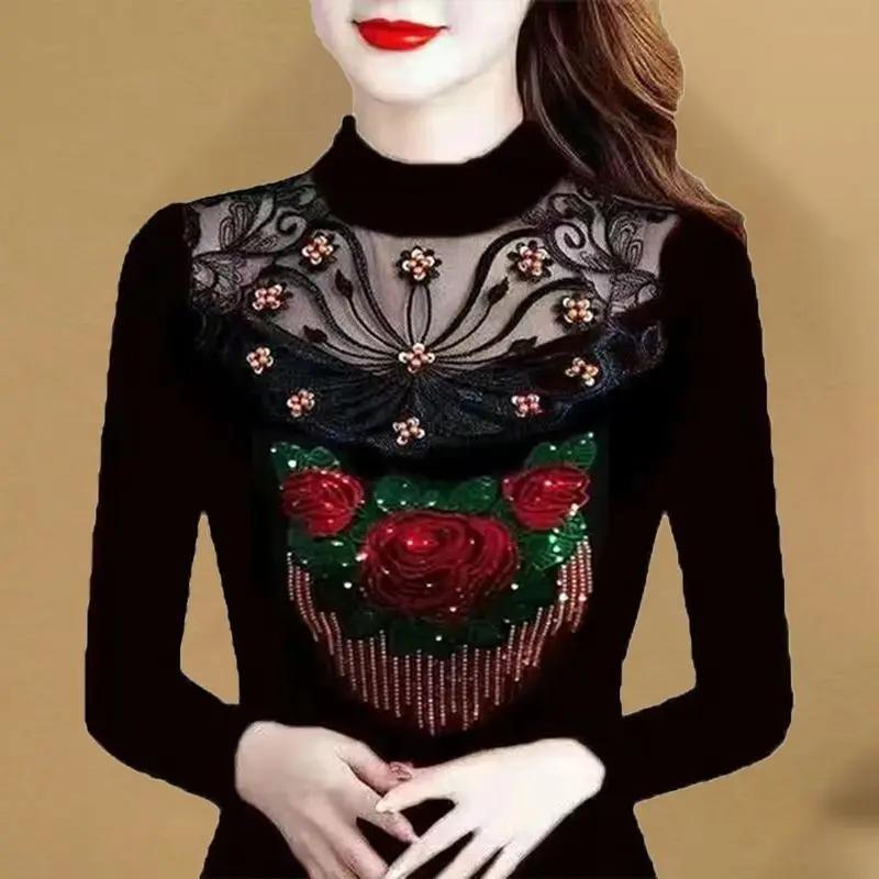 Haut Femme Élégant Patchwork Dentelle Broderie Florale Strass Col Montant T-shirt