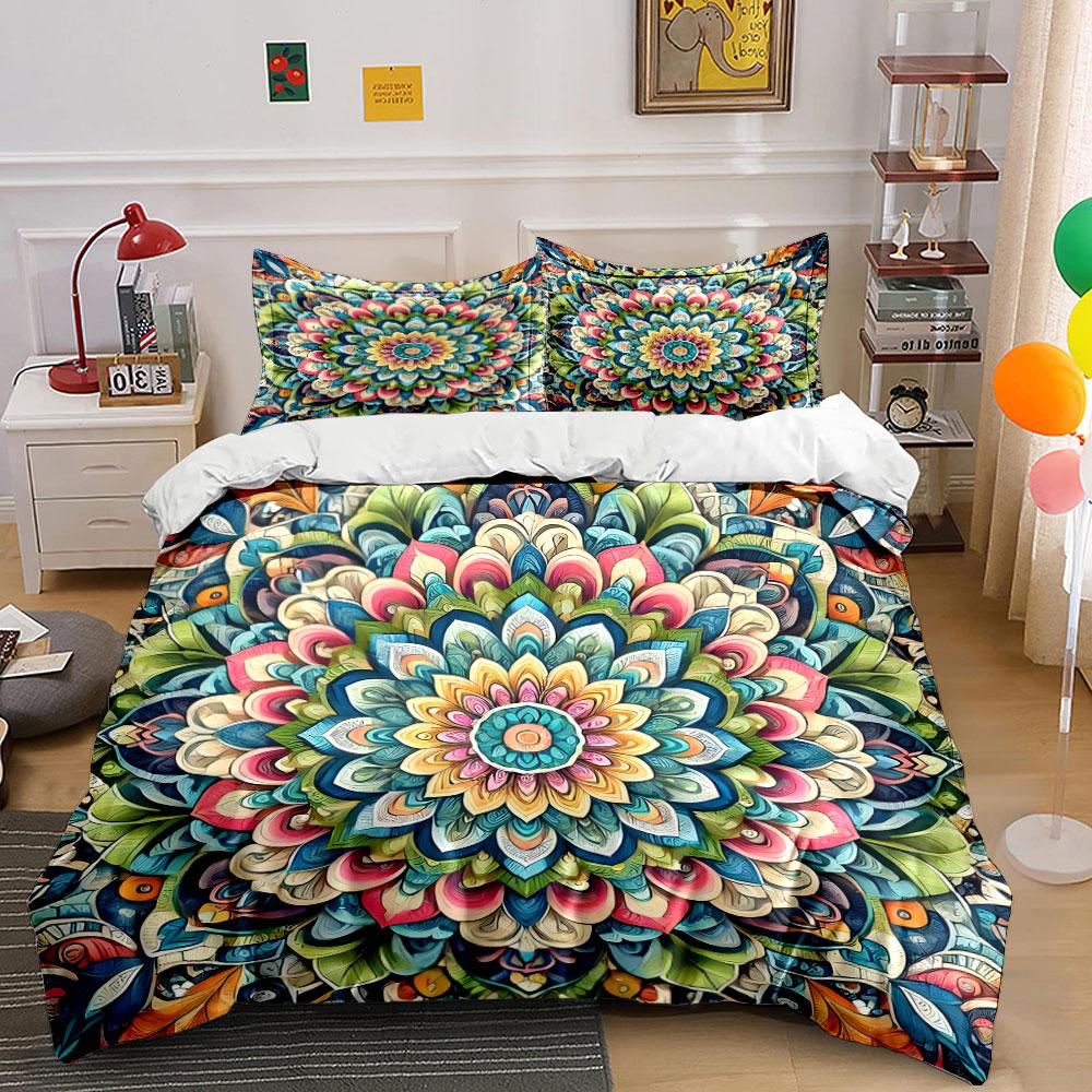Colorful Mandala Tapestry Set Decoration Soft Skin-Friendly Bedding Set Includes 1 Duvet Cover And 2 Pillowcase Gift
