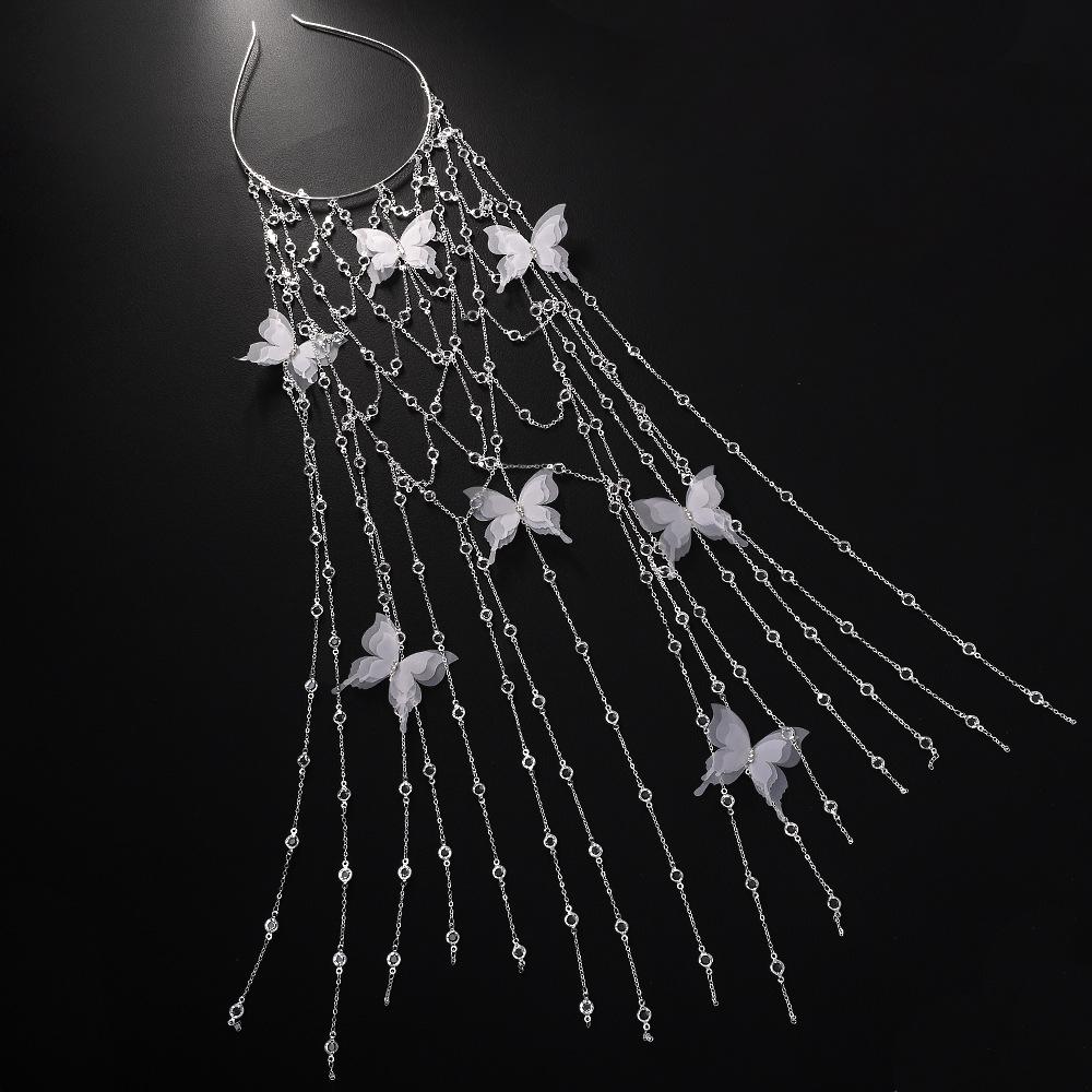 Butterfly hollow hair chain, elegant forest style rhinestone tassel headband, bridal banquet headwear
