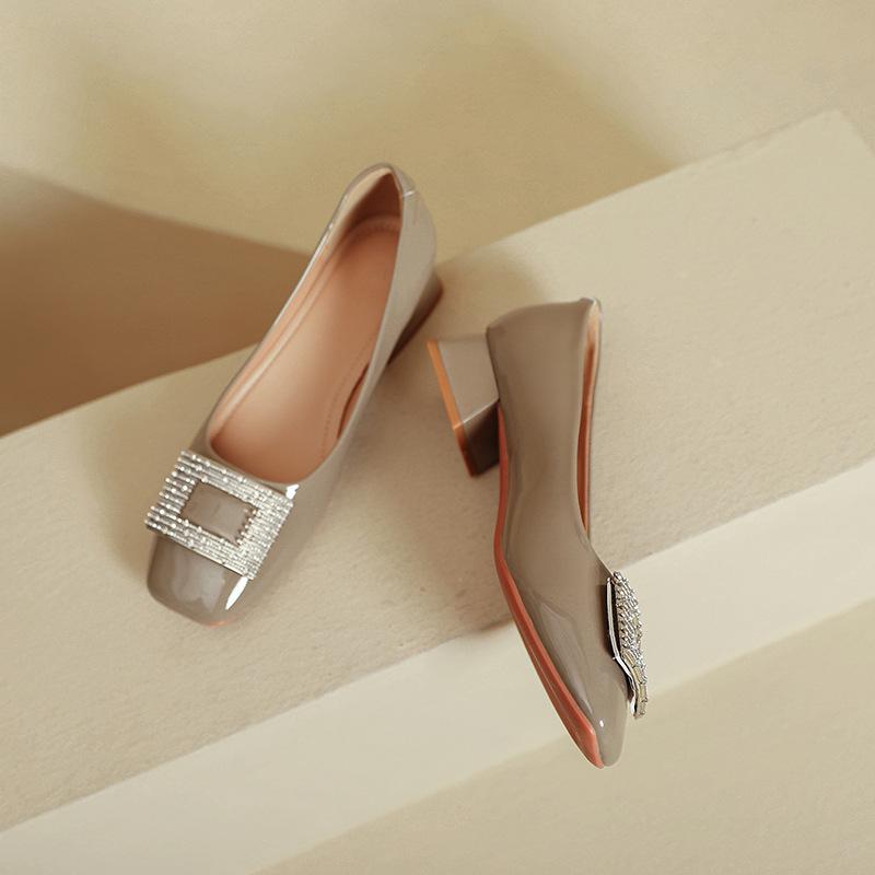 French square head high heels women's thick heel 2025 new spring and autumn women's shoes burgundy comfortable low heel light mouth single shoes