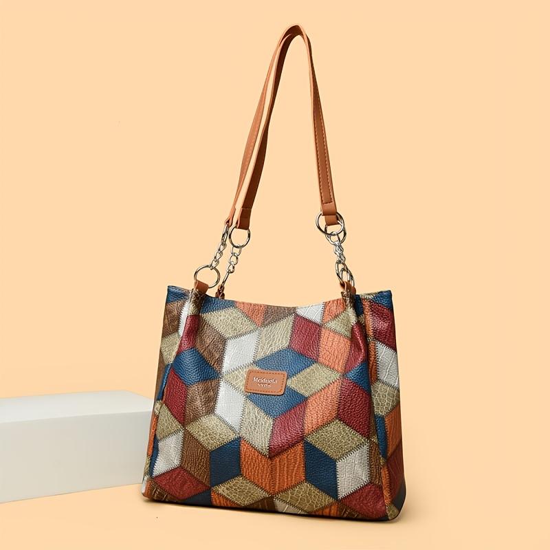 

Женская винтажная сумка-тоут большой вместимости, сумка через плечо из искусственной кожи с геометрическим дизайном для летнего пляжа, универсальный модный аксессуар жёлтый