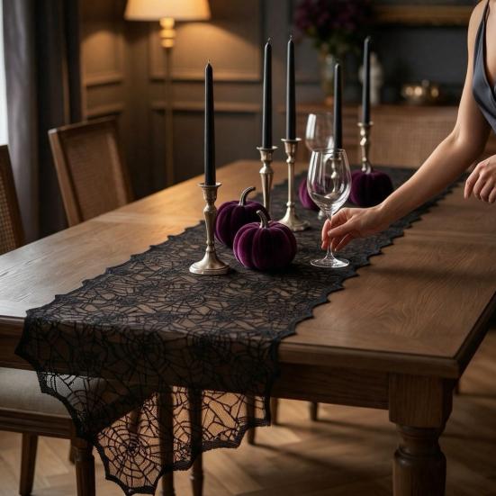 Black Lace Tablecloth Halloween Table Runner, Spider Web Runners, 17.7 x Retro Cocktail Party Decor 70.9Inch for Home Dinner Kitchen Mantel