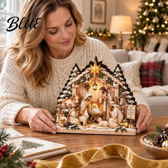 Rustic Farmhouse Christmas Decor Nativity Scene Table Decoration with LED Light 2D Flat Wooden Tabletop Sign Decorations Light Up Tiered Tray