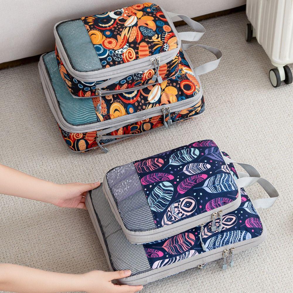 4pcs/set Printed Compression Storage Bag Foldable Luggage Storage Bags Set Packing Cubes  Clothes