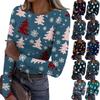 Women's Fashion Slim-Fit Round Neck Base Layer T-Shirt Christmas Print Long-Sleeved Top