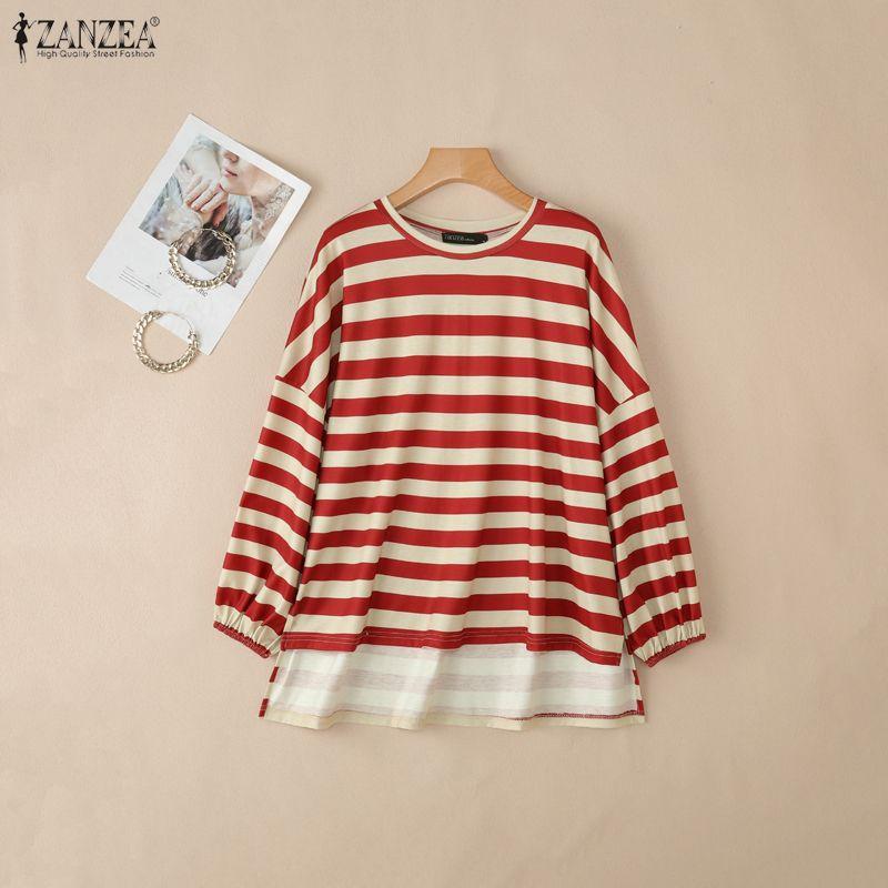 ZANZEA Women Stripe Print Loose Casual Round Neck Long Sleeve T-Shirts