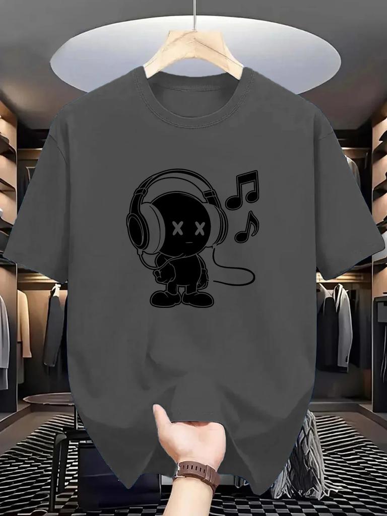 Summer Men's 100_ Cotton Casual Loose Fit Plus Size Music Themed Printed Comfortable Sports Round Neck Short Sleeved T-shirt Top