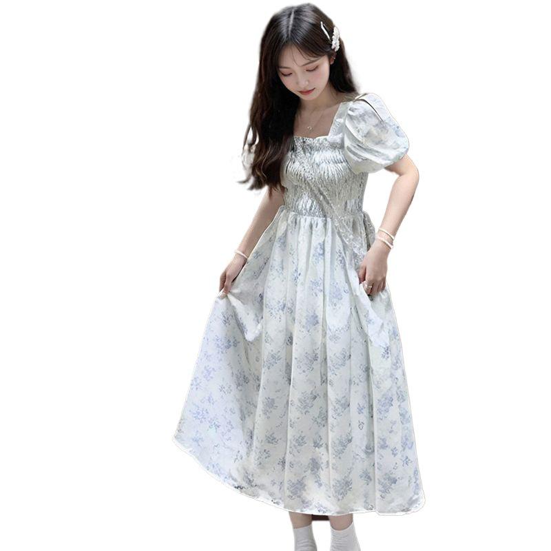 Elegant French Floral Bubble Sleeve Summer Dress