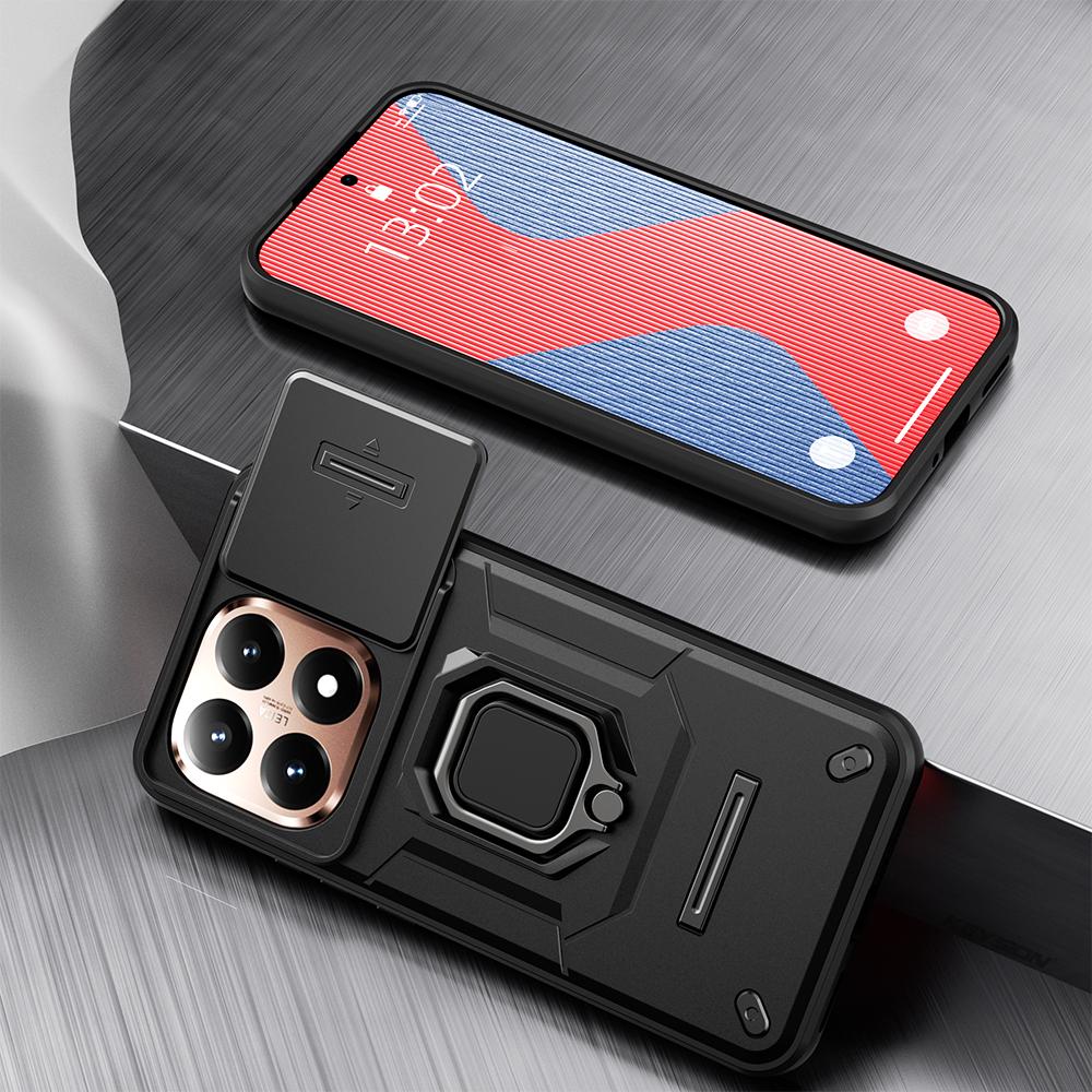 KEYSION Shockproof Armor Case for Xiaomi 15T Pro 5G Slide Camera Protection Metal Ring Stand Phone Back Cover for Xiaomi 15T 5G