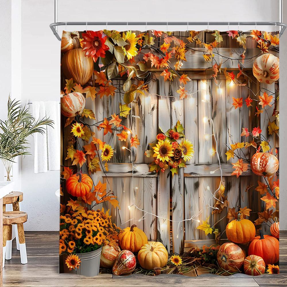 

Осенняя тыква Занавеска для душа Сезон урожая Кленовый лист Пугало Цветок Деревянная доска Амбар Фермерский дом Декор для ванной с крючком 120x180cm-47x70in