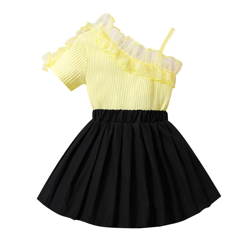 Girls Fashion Set Spring Summer Children's Casual Oblique Shoulder Strap Splicing Mesh Lace Short Sleeve Pleated Skirt Two Sets