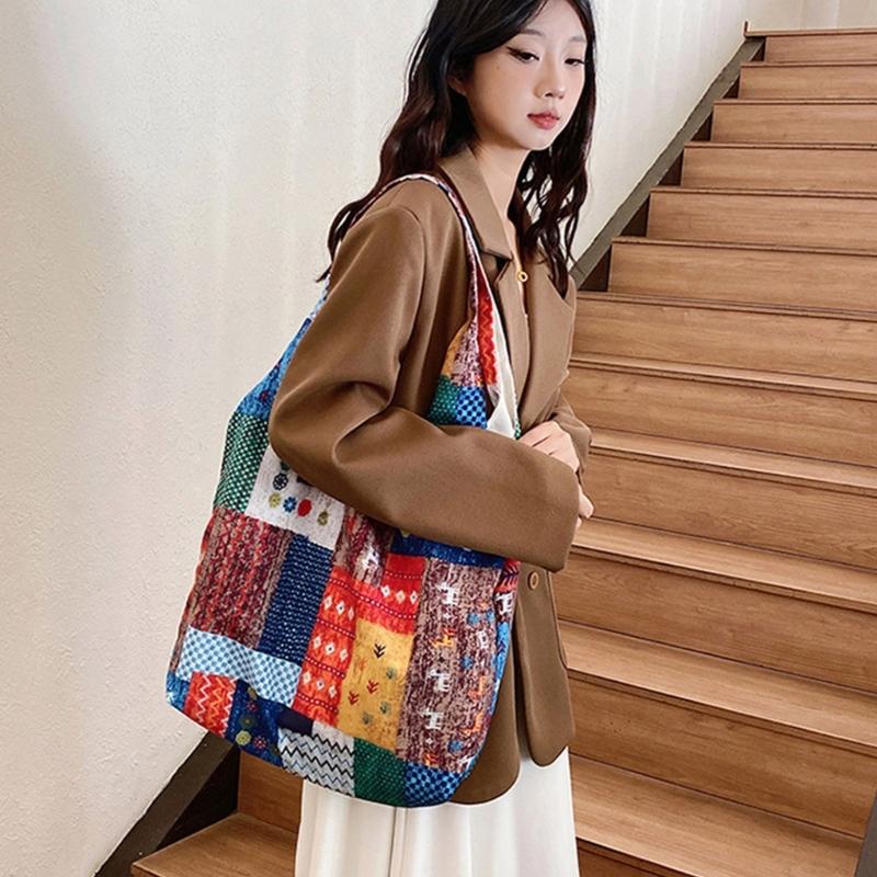 Aesthetic Canvas Toted Bag Reusable Shoulder Toted Bag for Women Casual Vacation,Shopping,Work,Gym Ethnic Style Cloth Bag
