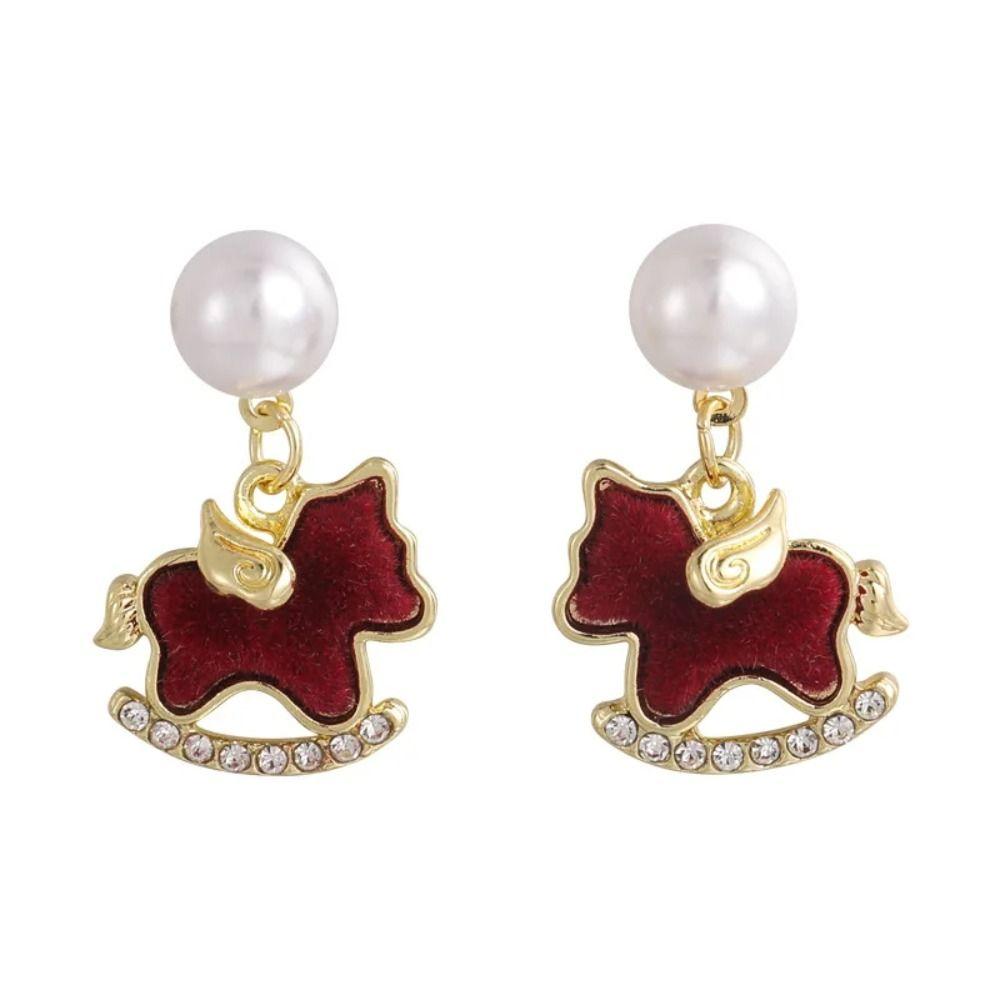 Rhinestone Zircon Horse Earrings Red Rocking Horse Earrings Cute Animal Earrings  Women Jewelry