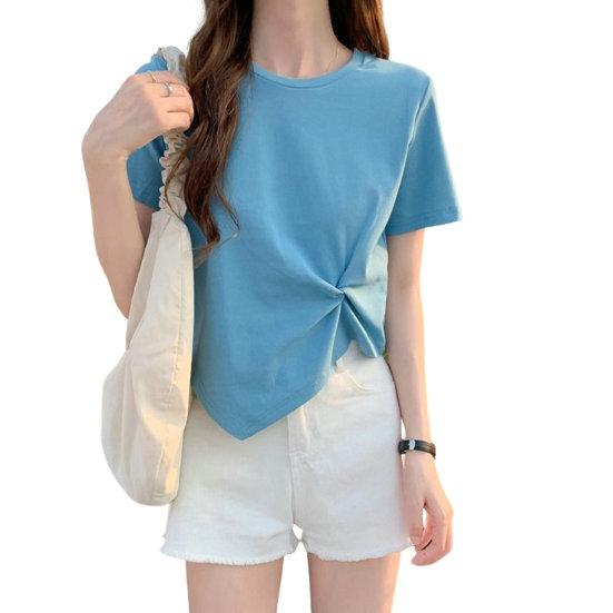 Women T-shirt Irregular Hem Solid Color Knot Decor Round Neck Short