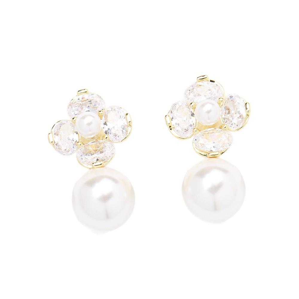 Niche light luxury stone earrings, fashionable and simple diamond-encrusted flower earrings, French gentle pearl ear clips, new popular models