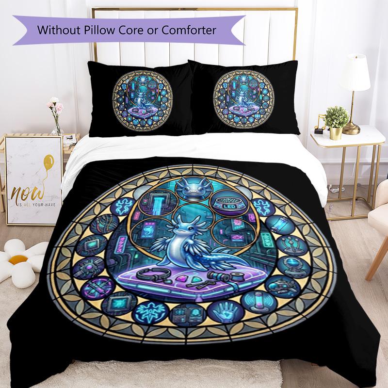Cyber Axolotl Mandala Pattern Bedding,Quilt Set Quilt Cover Pillowcase Home Birthday Gift (1 * duvet cover + 2 * pillowcase, without core)