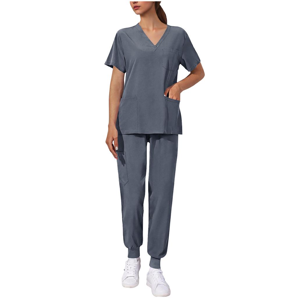 Women's Uniform Quick,drying Fabric Color V,neck Pocket Short,sleeved Trousers Suit Uniform Suit