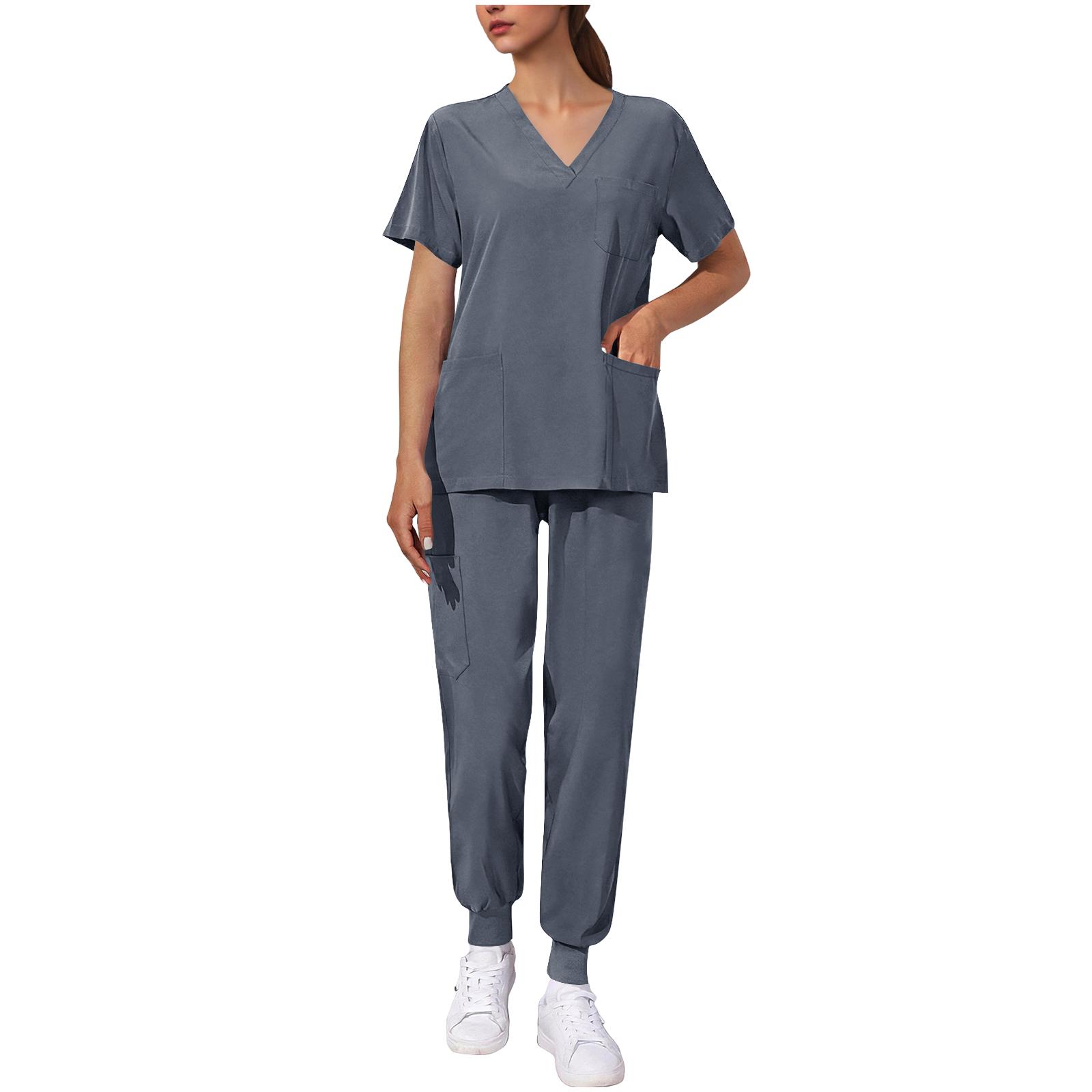 

Women s Uniform Quick,drying Fabric Color V,neck Pocket Short,sleeved Trousers Suit Uniform Suit XL