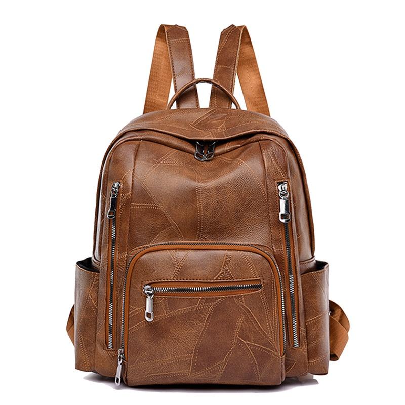 Ladies Vintage Soft Leather Large Capacity Backpack Multi-pocket Leather Student Backpack Travel Rucksack KTY