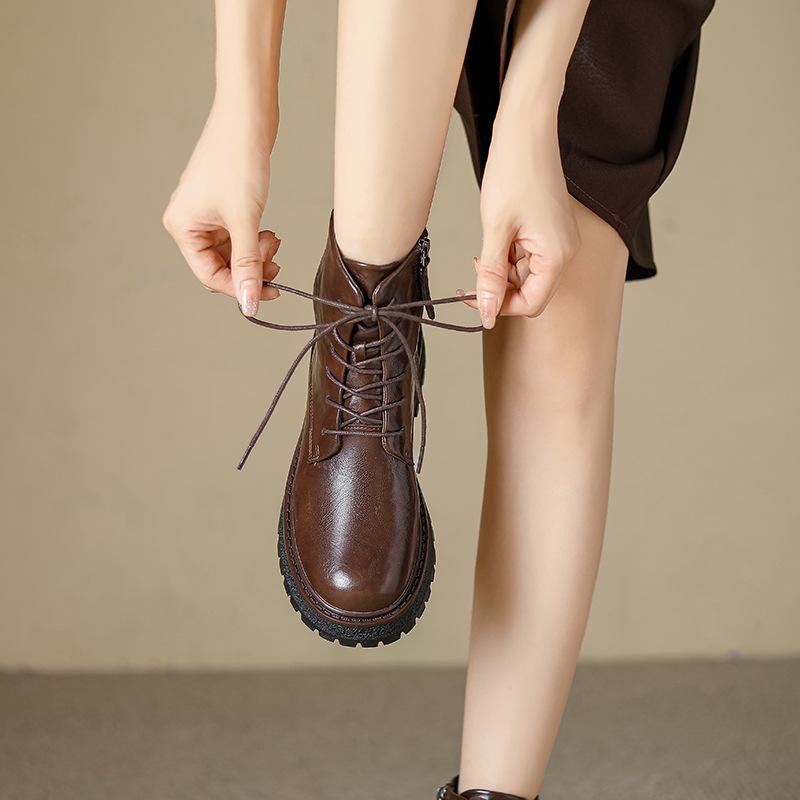 New washed shrinkage soft leather round head side zipper British style short boots lace-up thick-soled Martin boots fashion short boots women