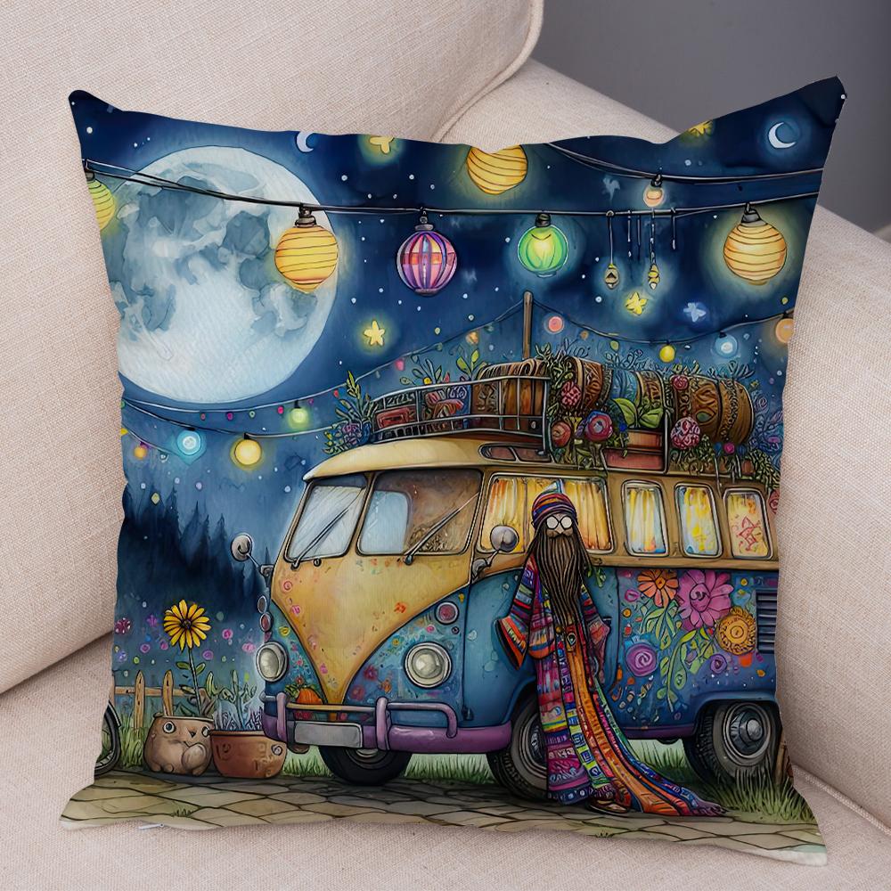 Happy Campers Pillow Case Double Print Decor Cartoon House Travel Car Cushion Cover for Sofa Home Soft Plush Pillowcase
