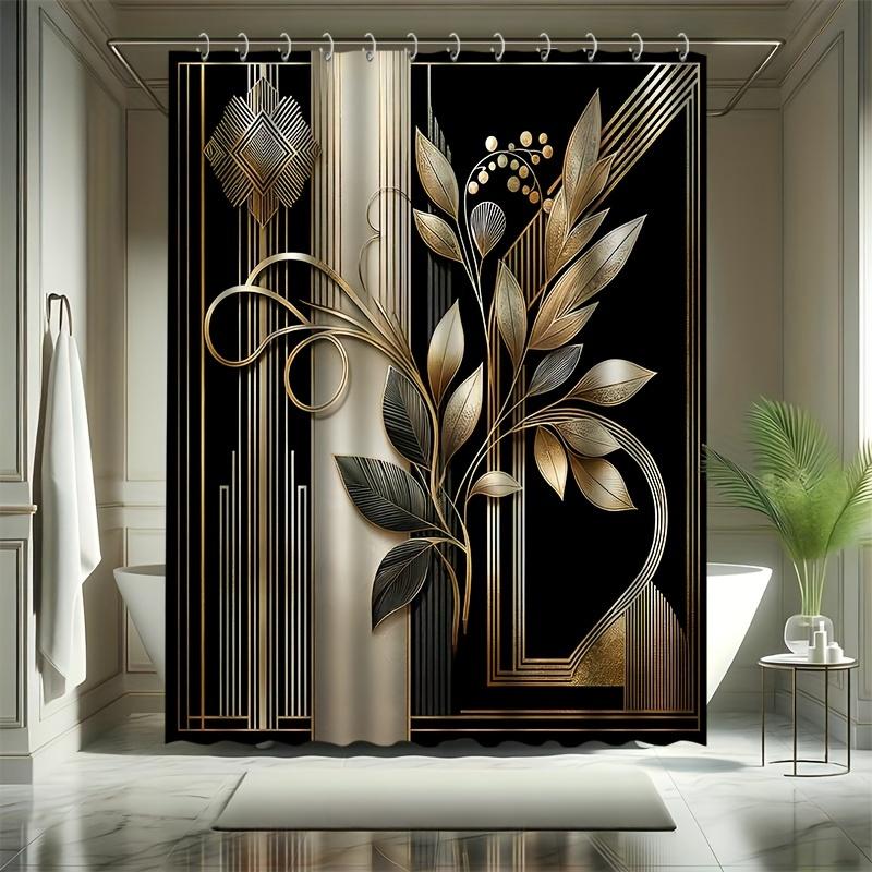 Golden Floral and Geometric Patterns Shower Curtain for an Elegant, Modern, and Luxurious Bathroom Decor Style