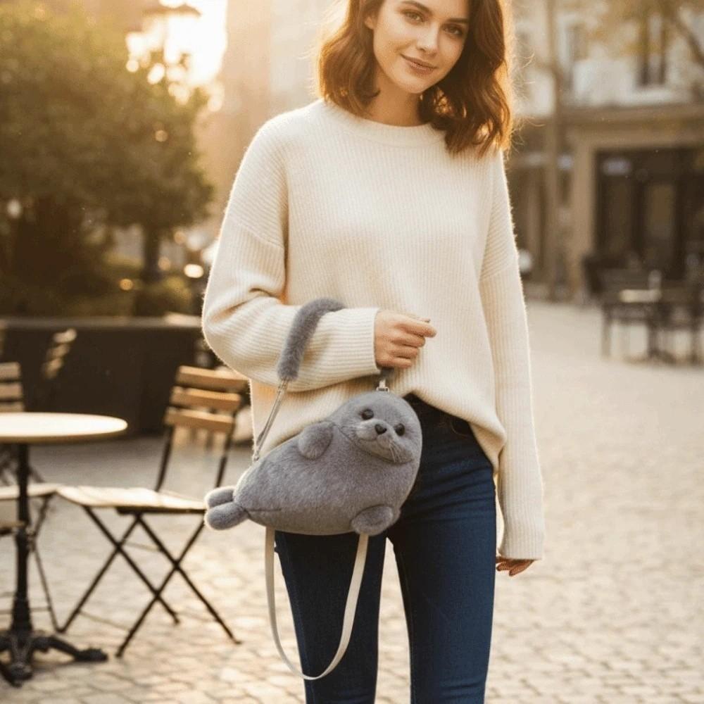 Creative Cute Seal Shoulder Pouch Adorable Adjustable Straps Cartoon Seal Handbag PP Cotton Lightweight Crossbody Bag Daily