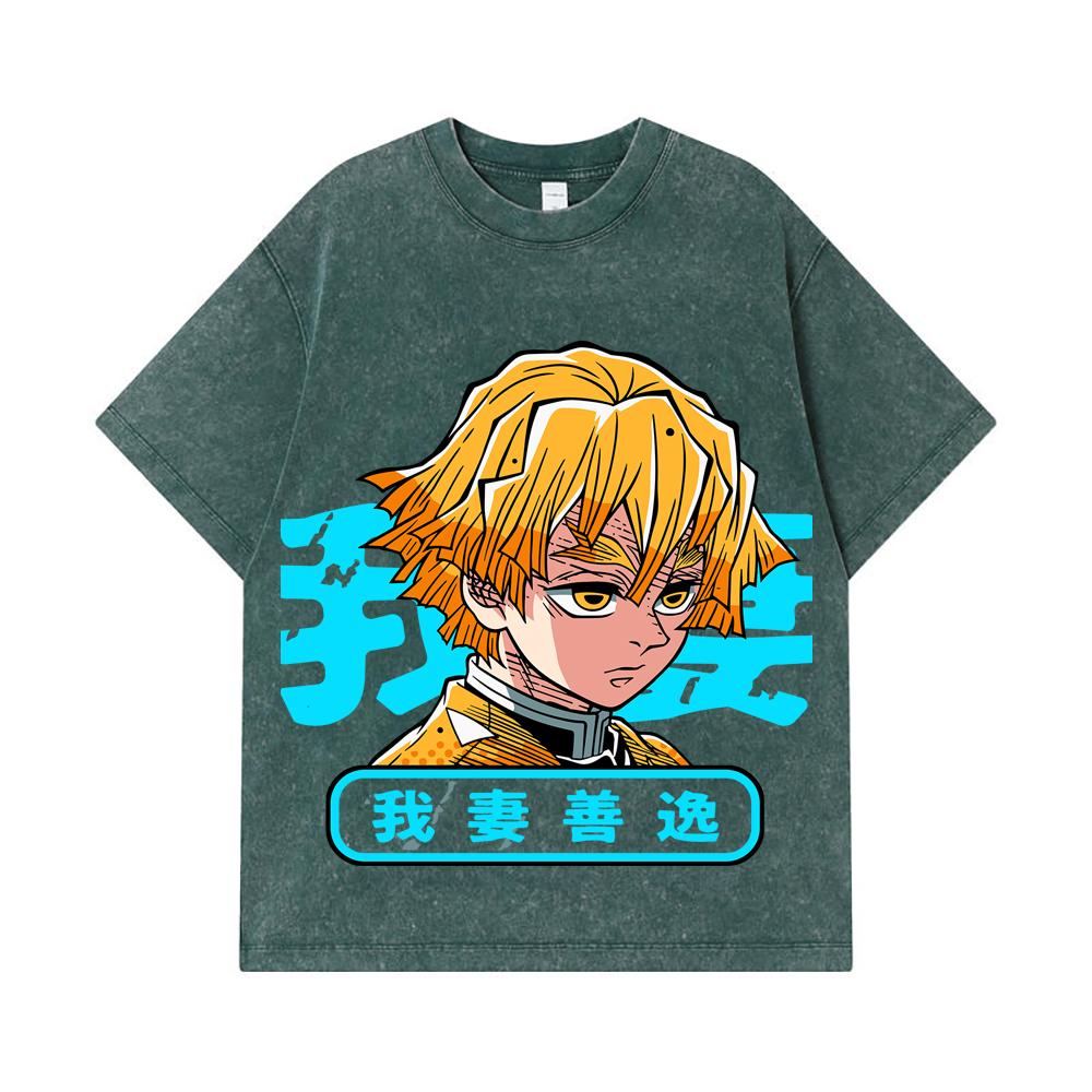 275 GSM Washed T-shirts 100% Cotton Demon Slayer V100 Zenitsu Print Unisex Heavy Cotton T Shirt