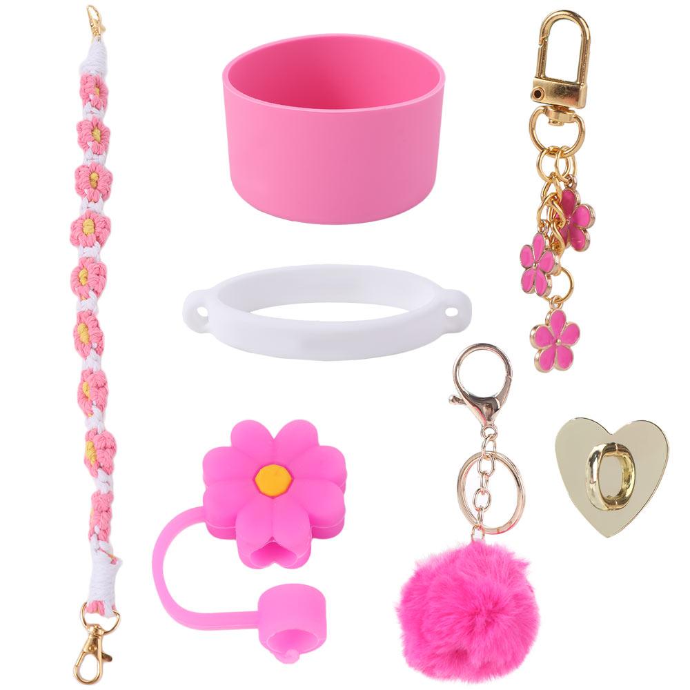 7pcs/set Flower Pattern Water Bottle Chain Pendant Set Multiple Color Cup Decoration Set  Girl